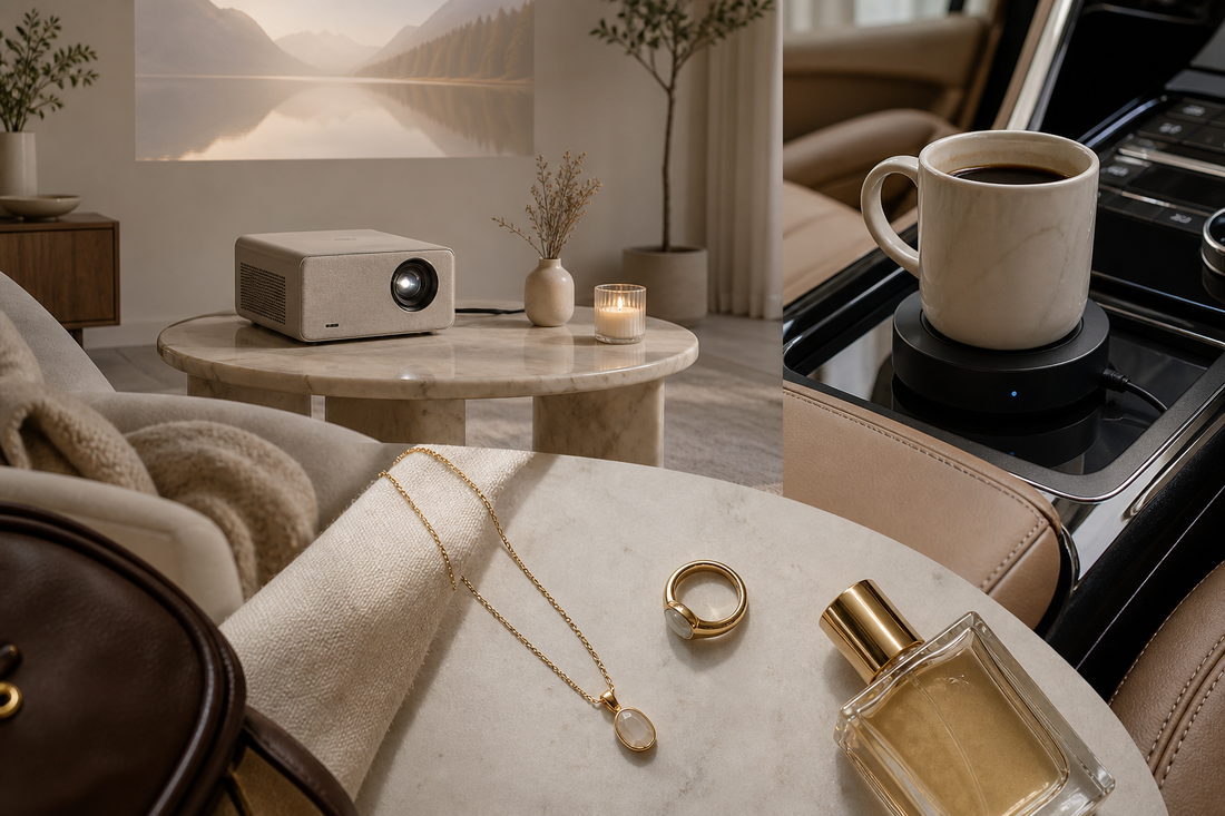 Seasonal refresh collage with a living room corner, car cup warmer, necklace, ring, and perfume bottle.