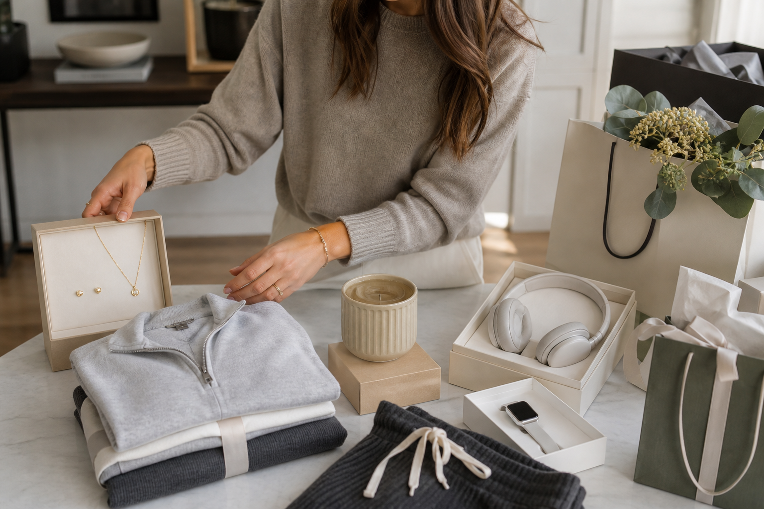 Person comparing gifts from jewelry, clothing, home, and tech categories on a table