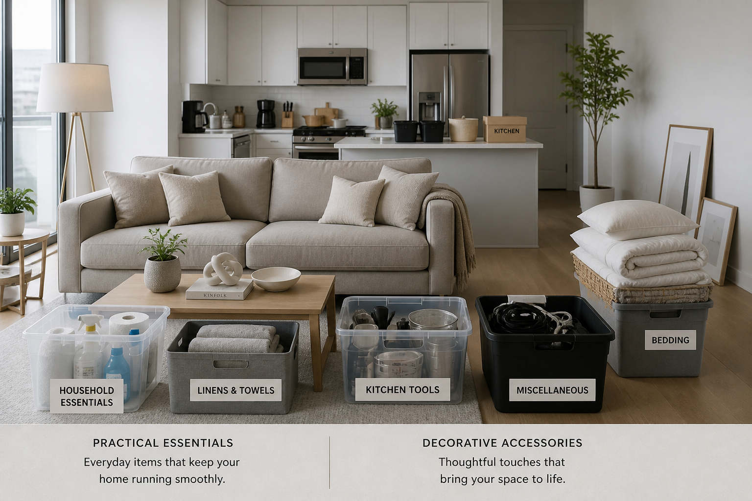 A room with household essentials in place and a small number of decorative items nearby.