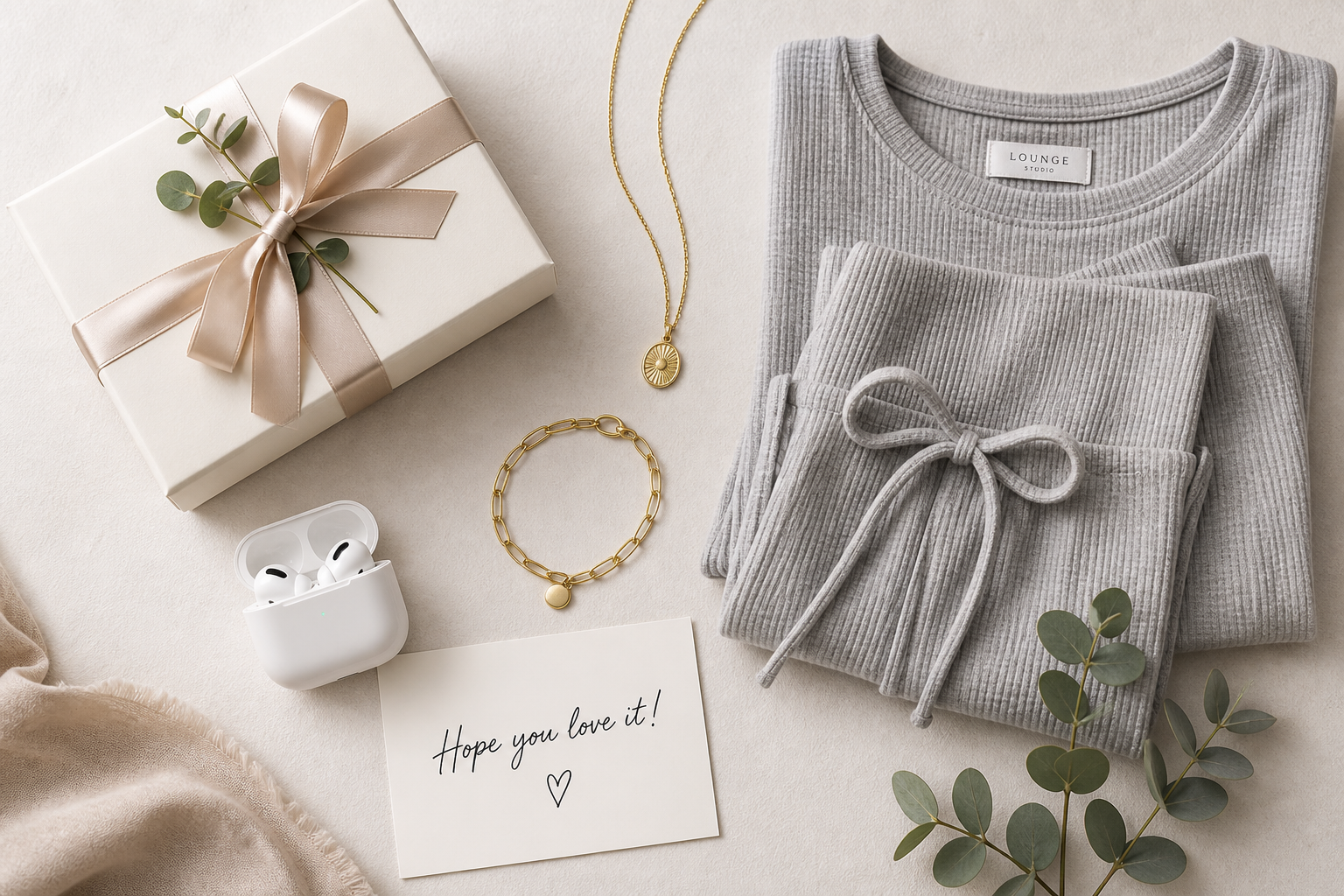Wrapped gift box with jewelry, earbuds, folded loungewear, and a handwritten note on a neutral surface