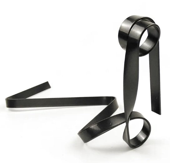 Creative black iron ribbon wine rack with a unique, suspended design for showcasing wine bottles.