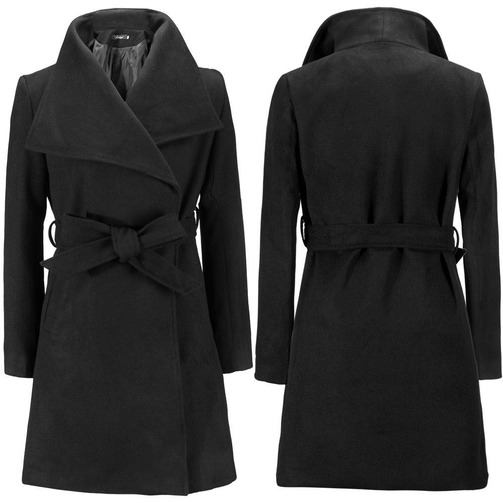 Black woolen coat for women featuring a lapel collar, long sleeves, and a waist tie for a slim fit.