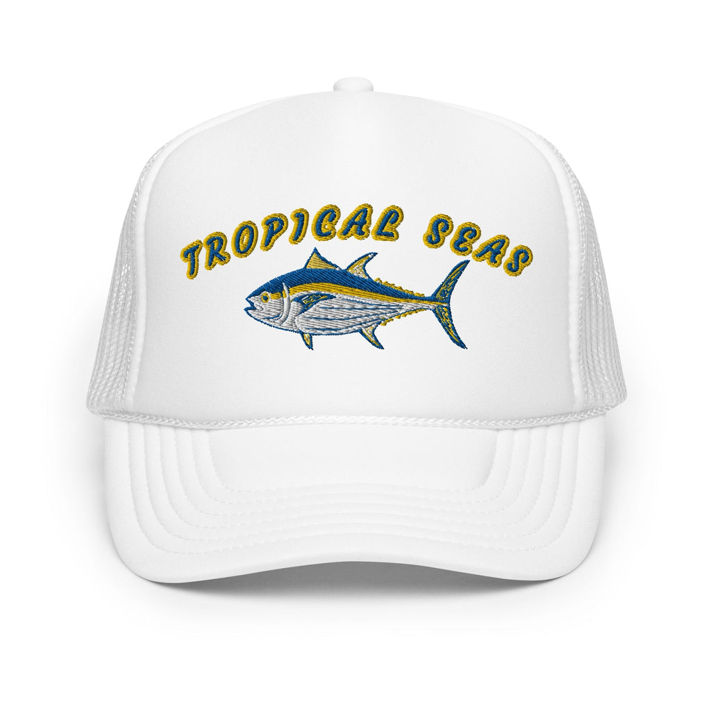 White foam trucker hat featuring the embroidered text "Tropical Seas" and a colorful tuna design.