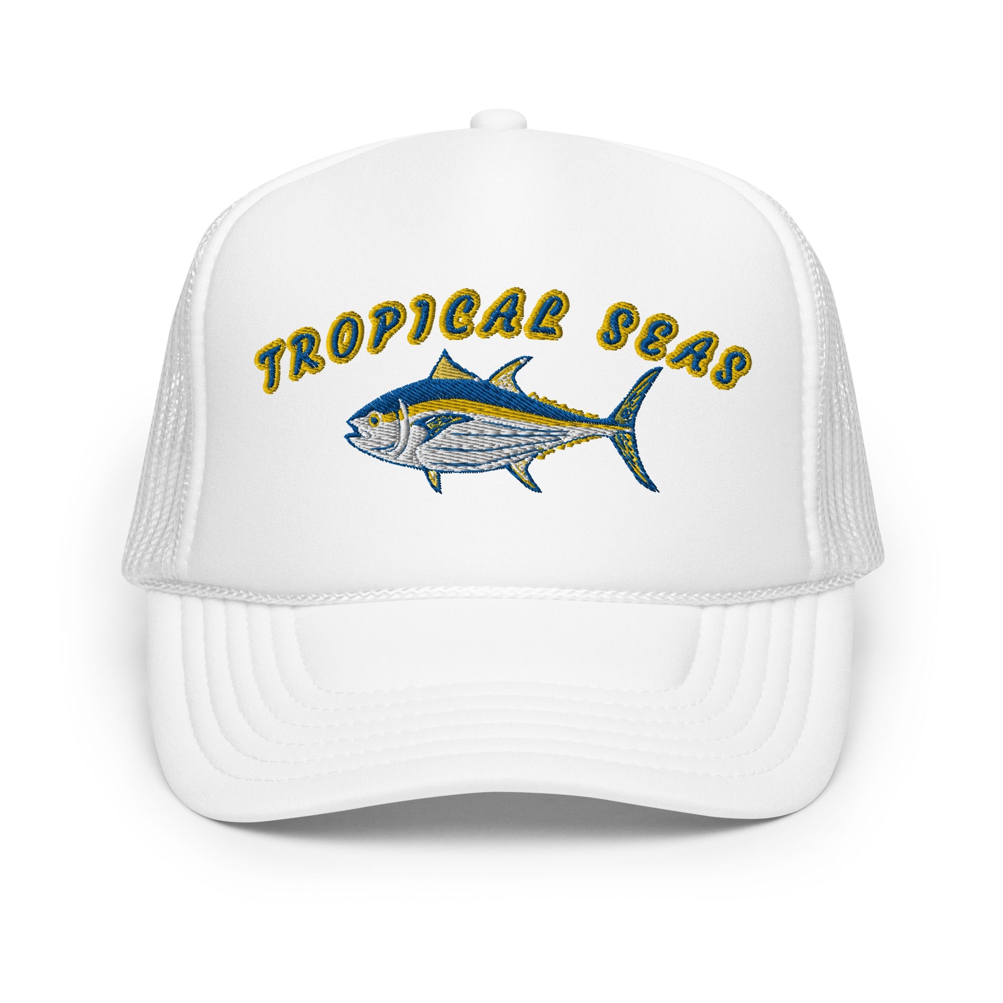White foam trucker hat featuring the embroidered text "Tropical Seas" and a colorful tuna design.