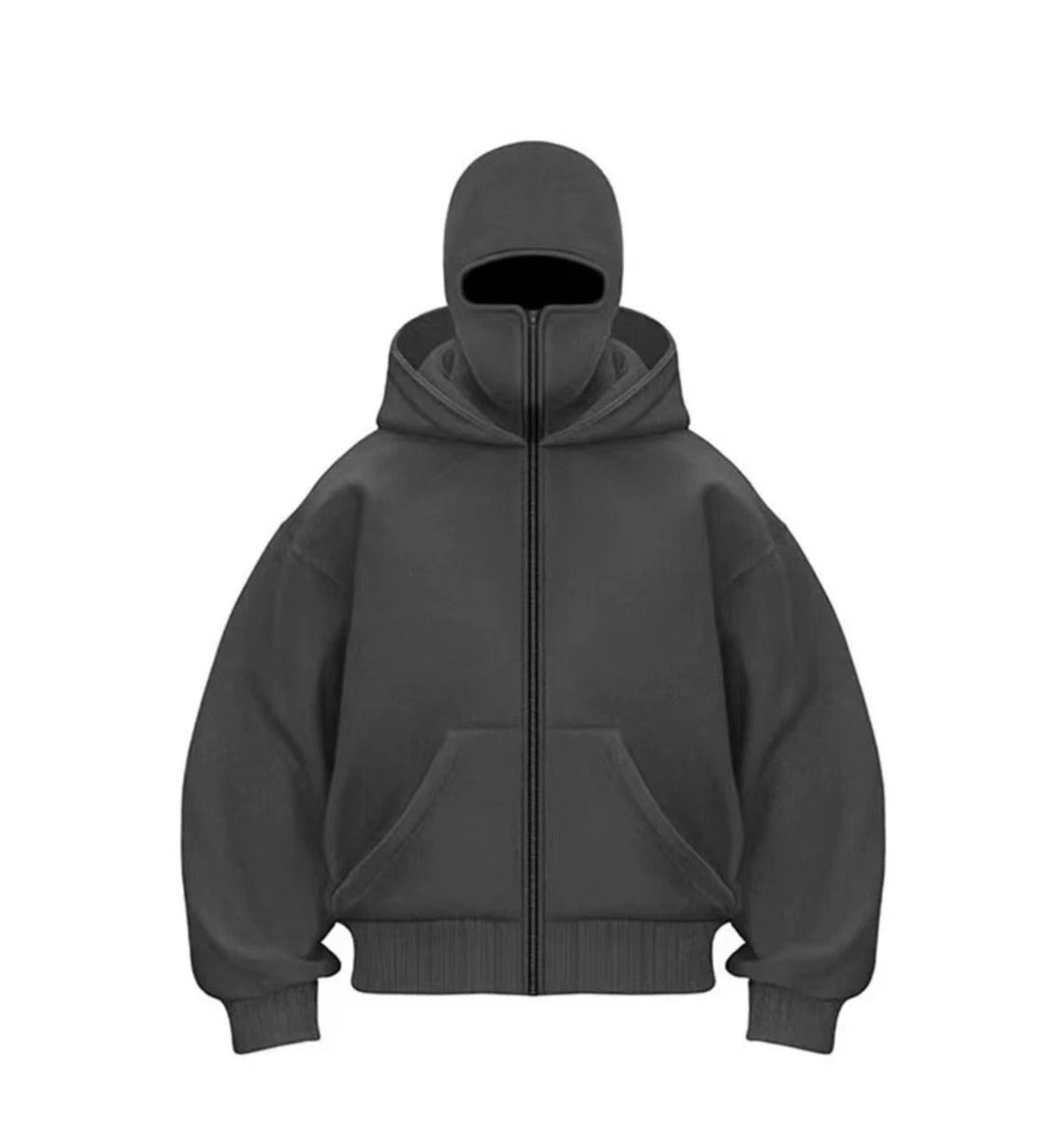 Lightweight men's hooded zip-up baseball jacket in black, featuring a casual design and oversized fit.