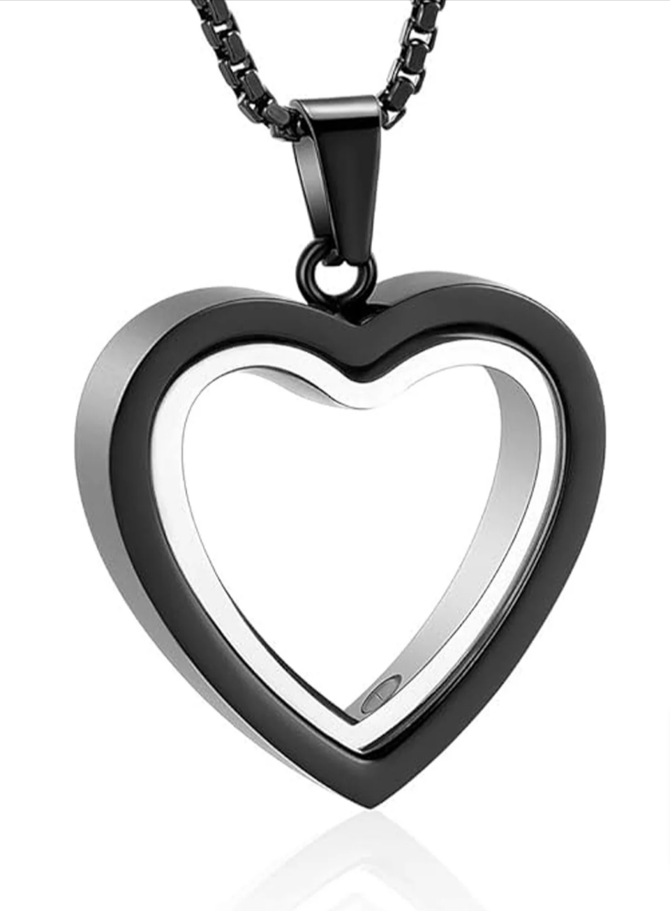 Heart-shaped cremation pendant made of stainless steel, featuring a black electroplated finish with a shiny interior.