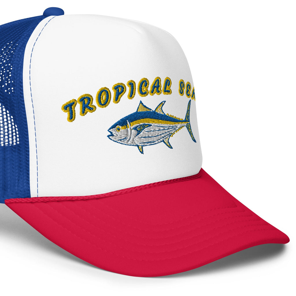 Trendy foam trucker hat with a red brim, white front, blue mesh sides, and an embroidered Tuna design with "Tropical Seas.