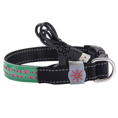 Rechargeable green leather pet collar with pink cut-out design and USB charging cable for light-up features.