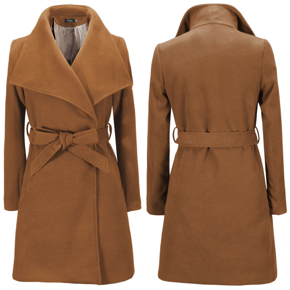 Women's woolen coat in a warm brown color, featuring a lapel collar, long sleeves, and a belted waist.