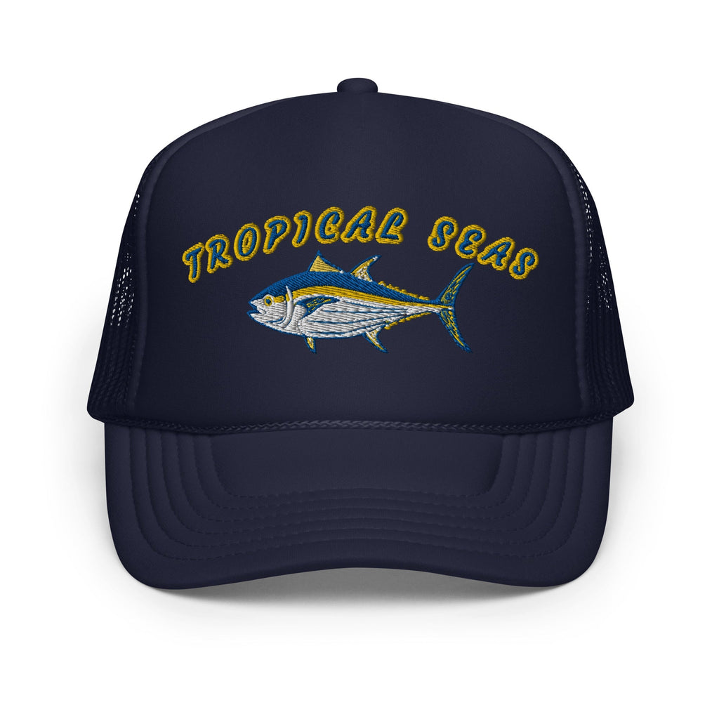 Navy foam trucker hat featuring an embroidered tuna design and 'Tropical Seas' text, with a breathable mesh back.