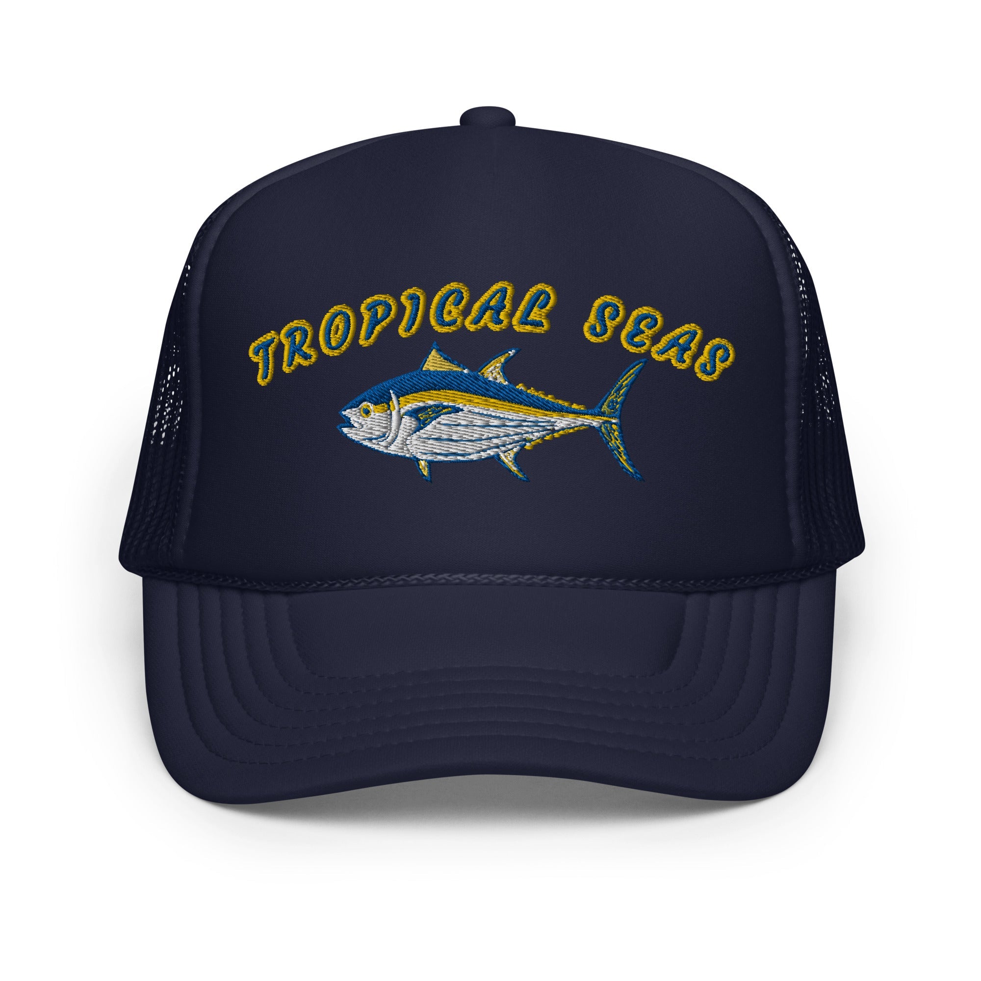 Navy foam trucker hat featuring an embroidered tuna design and 'Tropical Seas' text, with a breathable mesh back.