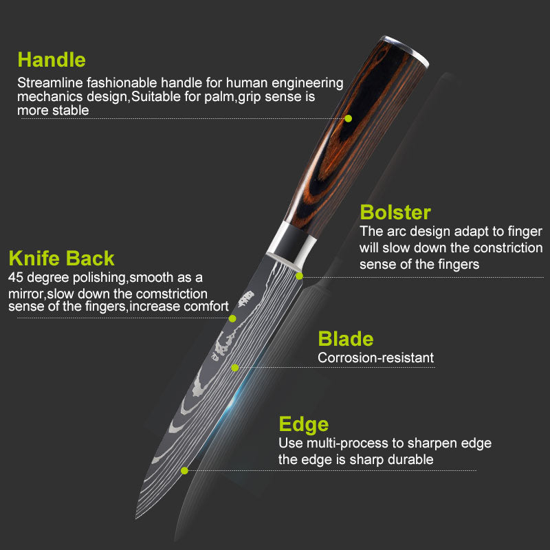 Damascus Style Kitchen Knife Set featuring a polished, corrosion-resistant blade and ergonomic wooden handle for comfort.