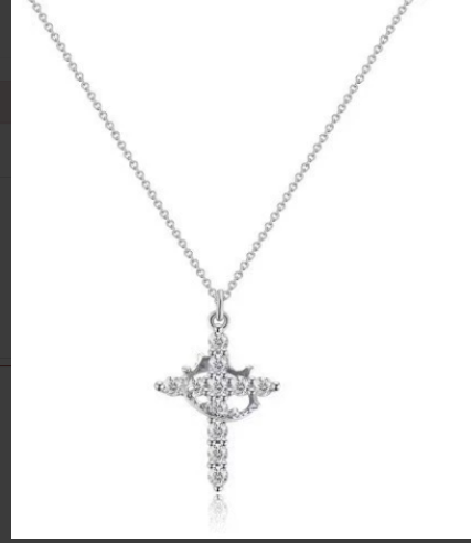 Delicate Y-shaped necklace in silver with a crown and cross pendant, featuring sparkling detailing along the design.