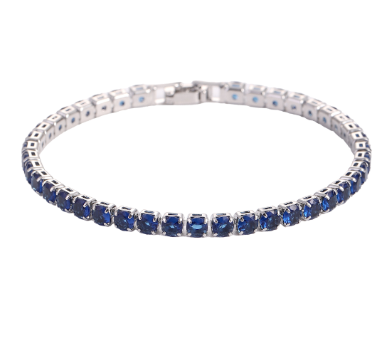 Platinum tennis bracelet set featuring blue zircon stones, showcasing a classic design with a secure clasp.