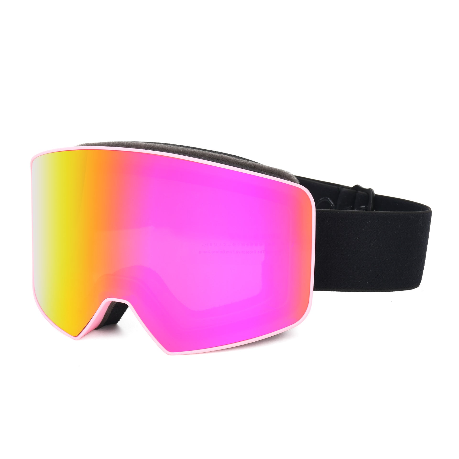 Ski goggles with a vibrant pink and yellow gradient lens, featuring a black strap for secure fit during outdoor sports.