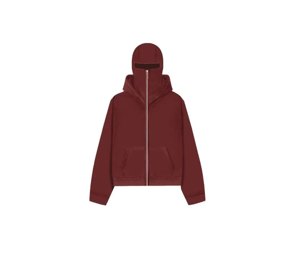 Men's hooded zip-up baseball jacket in wine red, featuring a casual fit and front pockets. Ideal for spring and autumn.