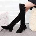 Black over-the-knee flat high tube boots with a round toe and low heel, featuring a soft cotton upper.