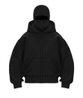 Men's hooded zip-up baseball jacket in solid black, featuring a relaxed fit, front pockets, and ribbed cuffs.