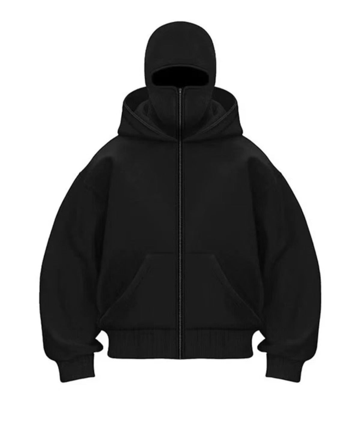 Men's hooded zip-up baseball jacket in solid black, featuring a relaxed fit, front pockets, and ribbed cuffs.