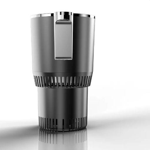 Sleek black 2-in-1 Smart Car Cup Warmer/Cooler with a digital display and vented base for efficient heating and cooling.
