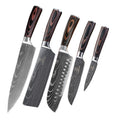 Damascus Style Kitchen Knife Set featuring five knives with polished steel blades and ergonomic wooden handles.