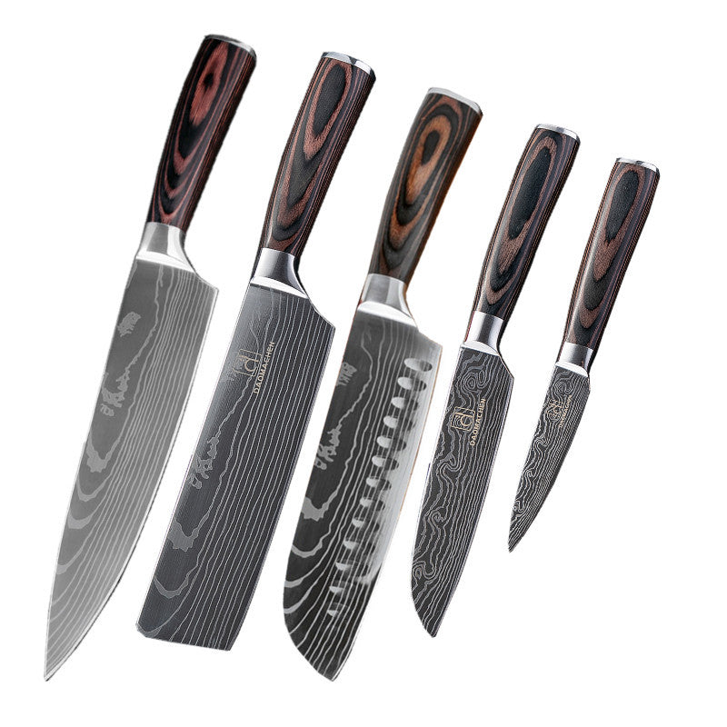 Damascus Style Kitchen Knife Set featuring five knives with polished steel blades and ergonomic wooden handles.