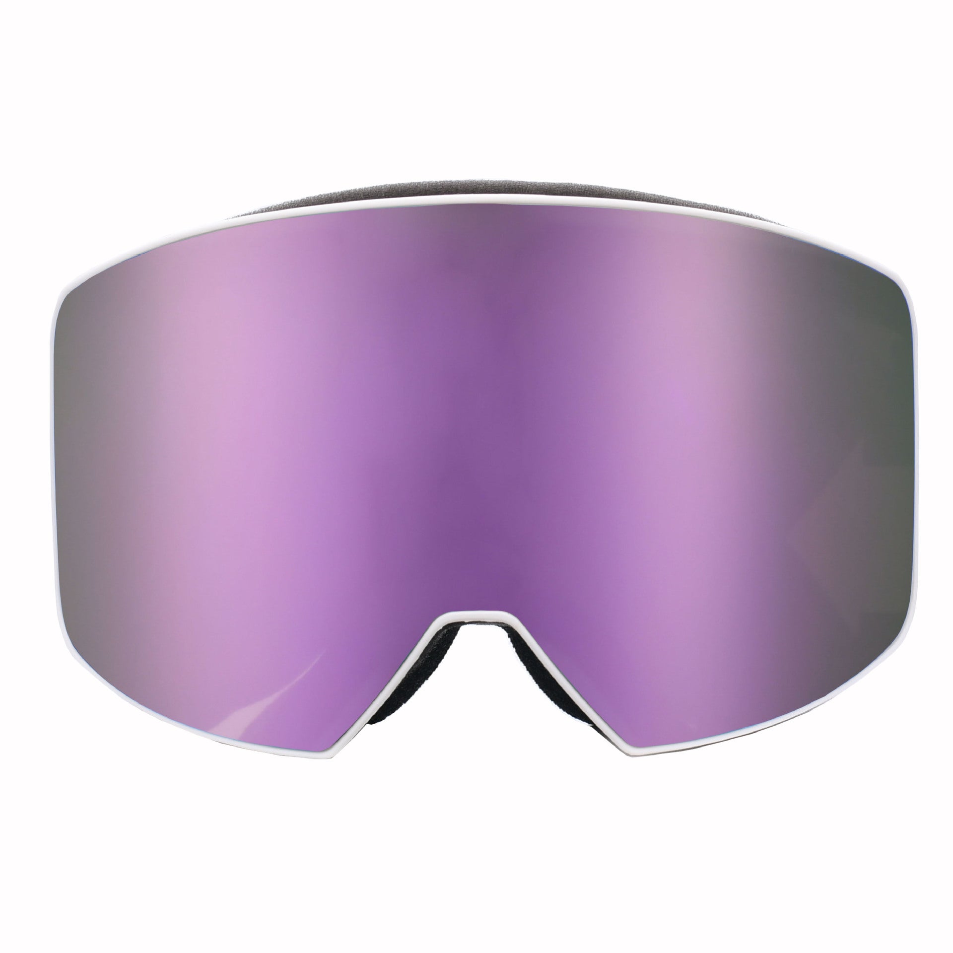 Ski goggles with a large, curved purple lens and a white frame, designed for outdoor sports and climbing.