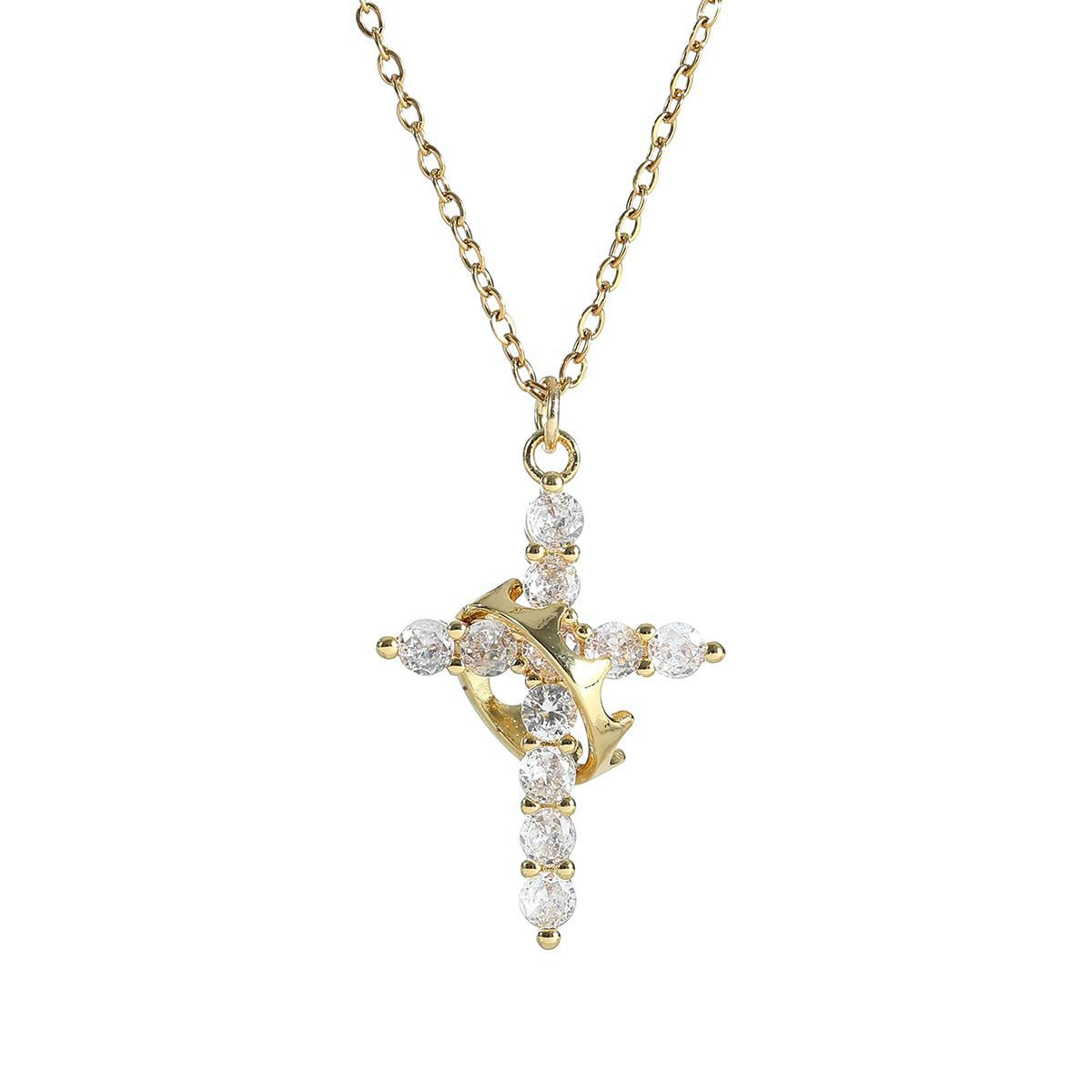 Delicate gold Y-shaped necklace featuring a crown and cross pendant, adorned with sparkling stones.