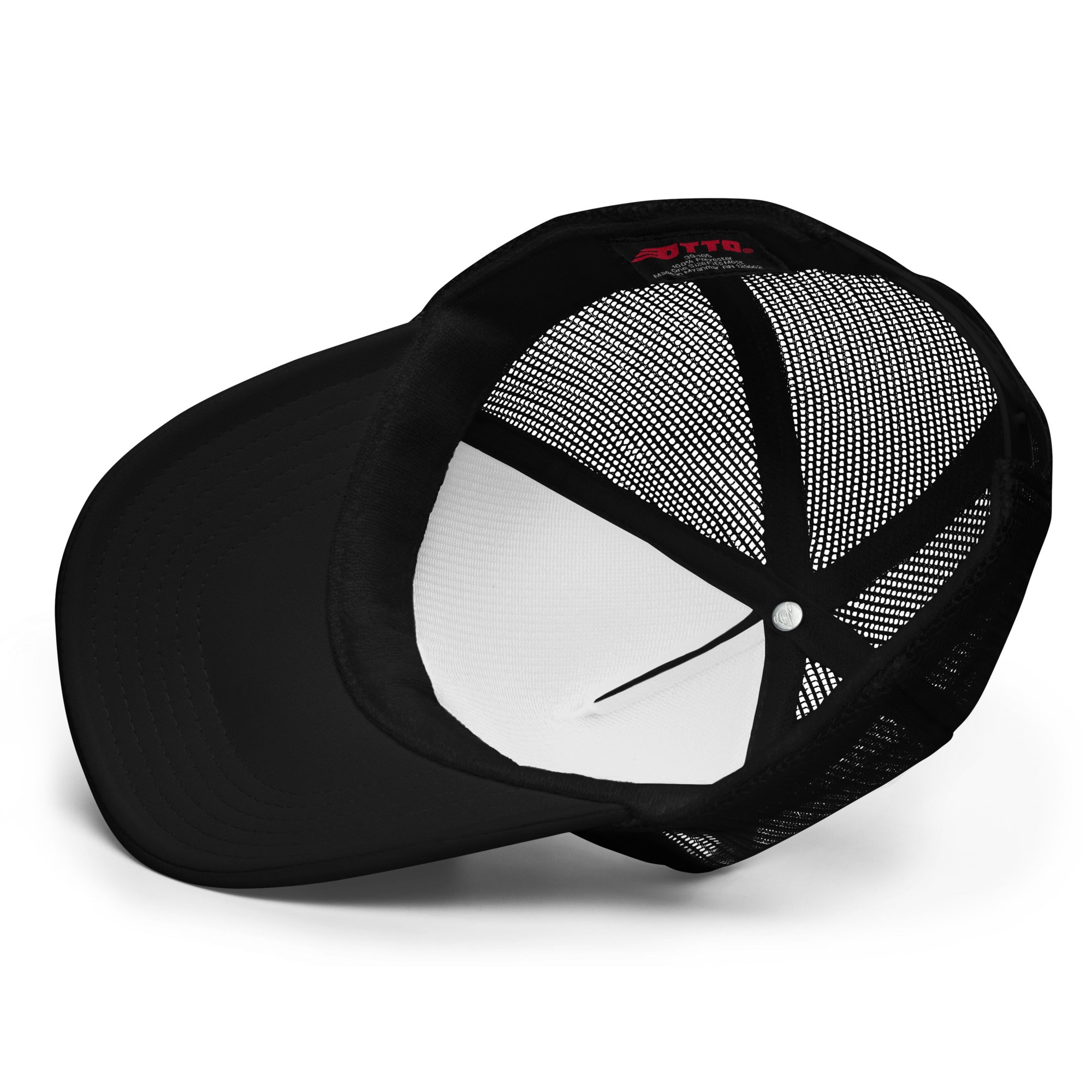 Black foam trucker hat featuring a white mesh back and an embroidered Tuna design, ideal for ocean lovers.