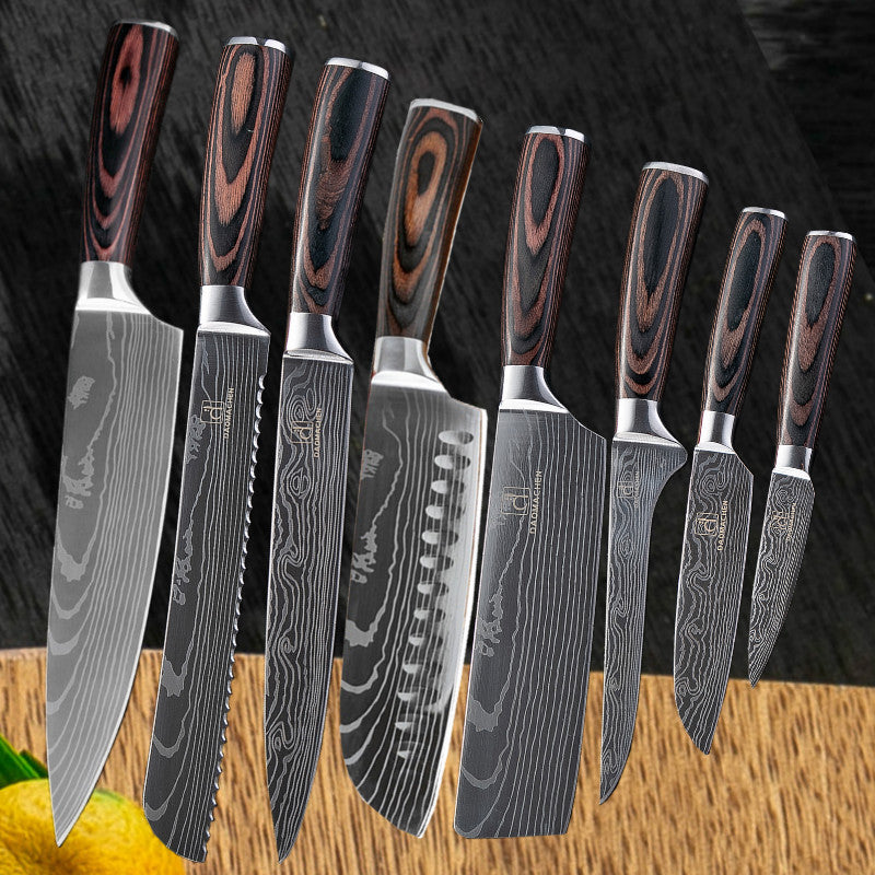 Damascus Style Kitchen Knife Set featuring eight knives with polished stainless steel blades and ergonomic brown wood handles.