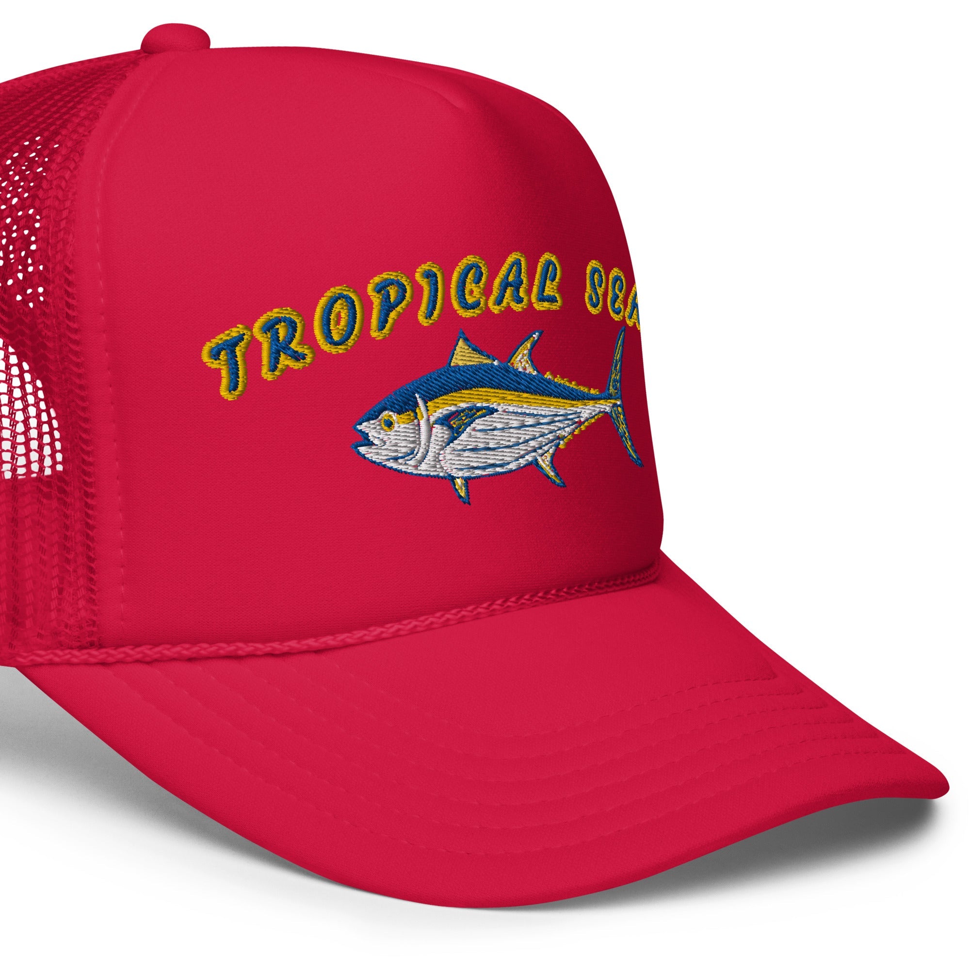 Red foam trucker hat featuring an embroidered Tuna design and "Tropical Seas" text, with a breathable mesh back.