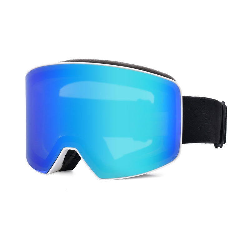 Ski goggles featuring a large blue mirrored lens, black adjustable strap, and a sleek design for outdoor sports.