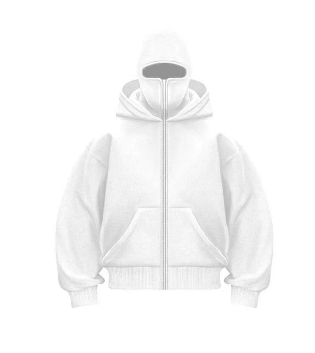 Men's hooded zip-up baseball jacket in white, featuring a front zipper, large pockets, and a relaxed fit.