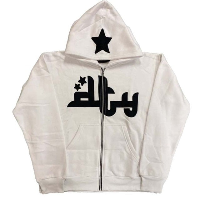 White zip-up hoodie featuring a prominent black star print and graphic design on the front.