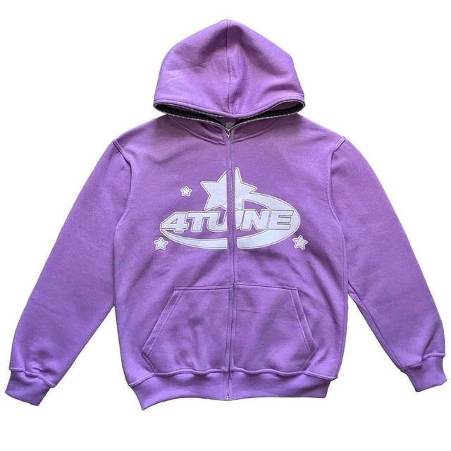 Purple zip-up hoodie featuring a white star print and "4TUNE" logo, with a relaxed fit and front pockets.