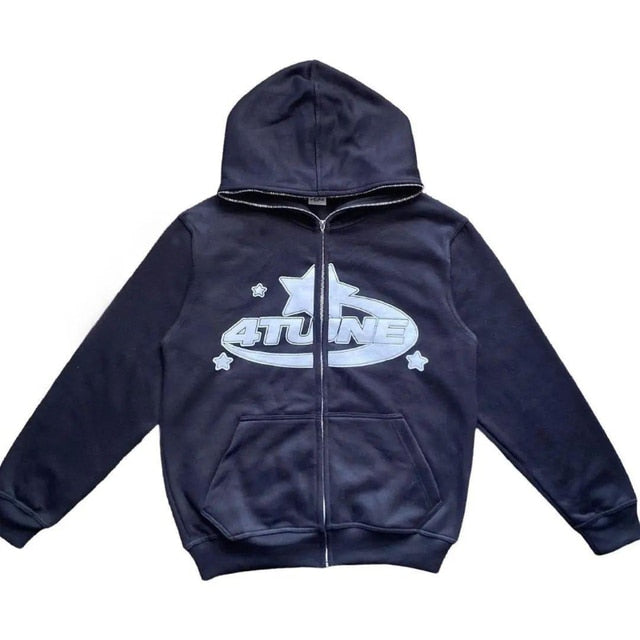Navy blue zip-up hoodie featuring a star print and a "4TUNE" logo on the front, with a relaxed fit and front pockets.