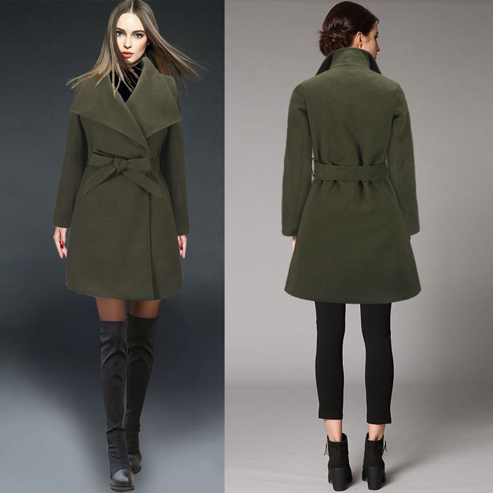 Women's woolen coat in olive green, featuring a lapel collar, long sleeves, and a belted waist for a slim fit.