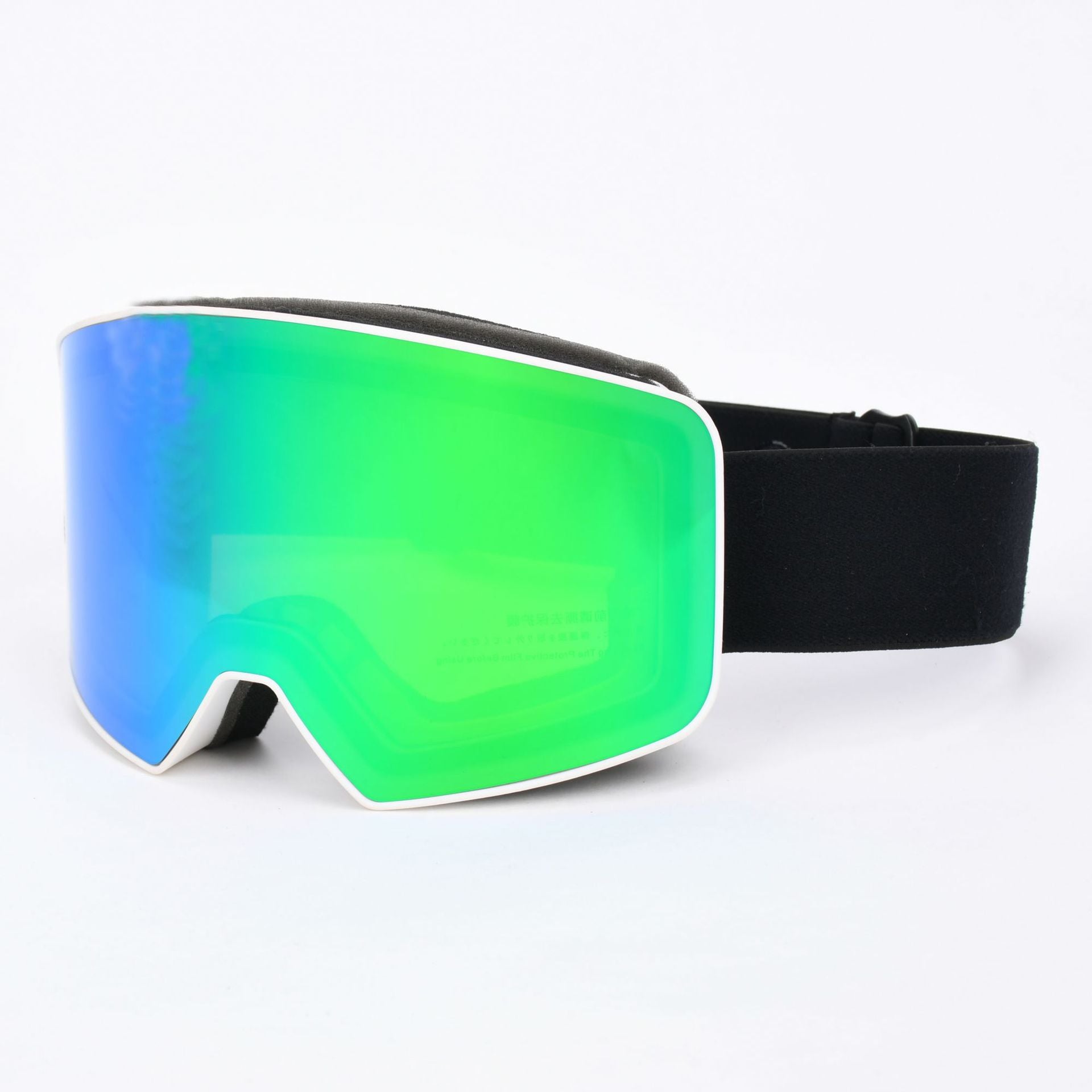 Ski goggles with a green and blue mirrored lens and a black adjustable strap for comfort during outdoor sports.