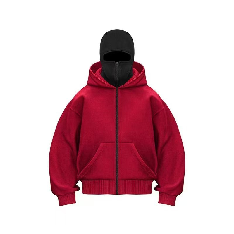 Red hooded zip-up baseball jacket with a black interior, featuring a front zipper and front pockets. Casual fit style.