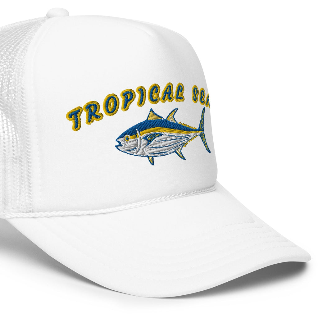 White foam trucker hat featuring an embroidered Tuna design and "Tropical Seas" text in yellow and blue.