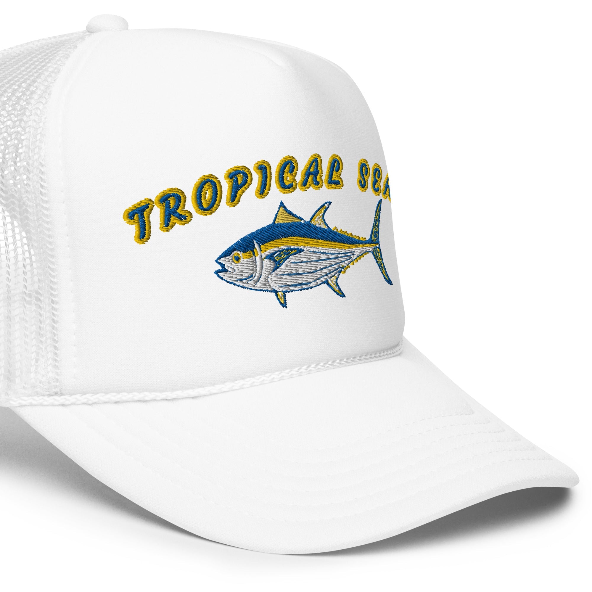 White foam trucker hat featuring an embroidered Tuna design and "Tropical Seas" text in yellow and blue.