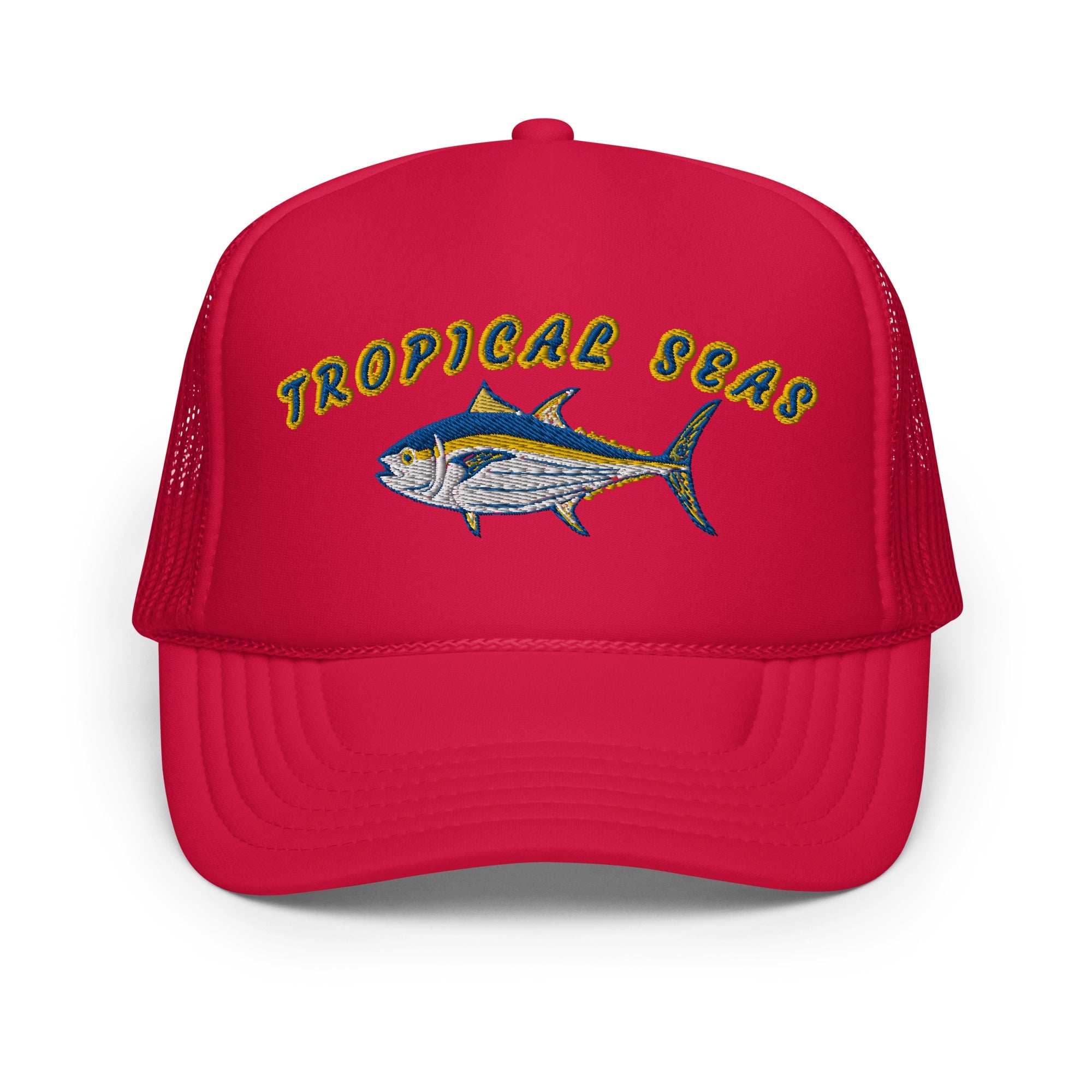 Red foam trucker hat featuring an embroidered Tuna design and mesh back for breathability, labeled "Tropical Seas.