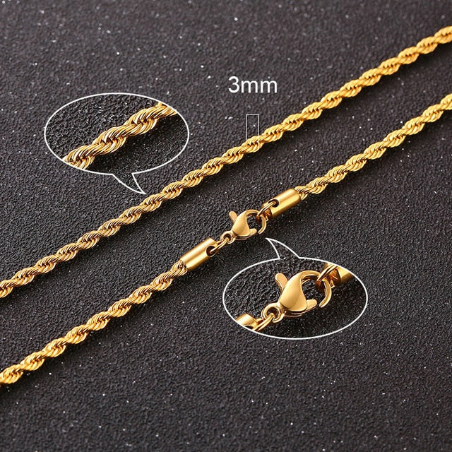 Twisted Rope Figaro Necklace in gold, featuring a twisted rope design and secure clasp, 3mm thickness.