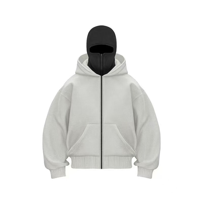 Men's hooded zip-up baseball jacket in gray with a black hood and front pockets, featuring a relaxed fit and casual style.