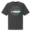 Oversized faded black t-shirt featuring "Let's Save the Whales" graphic in blue and yellow, with a boxy fit and dropped shoulders.