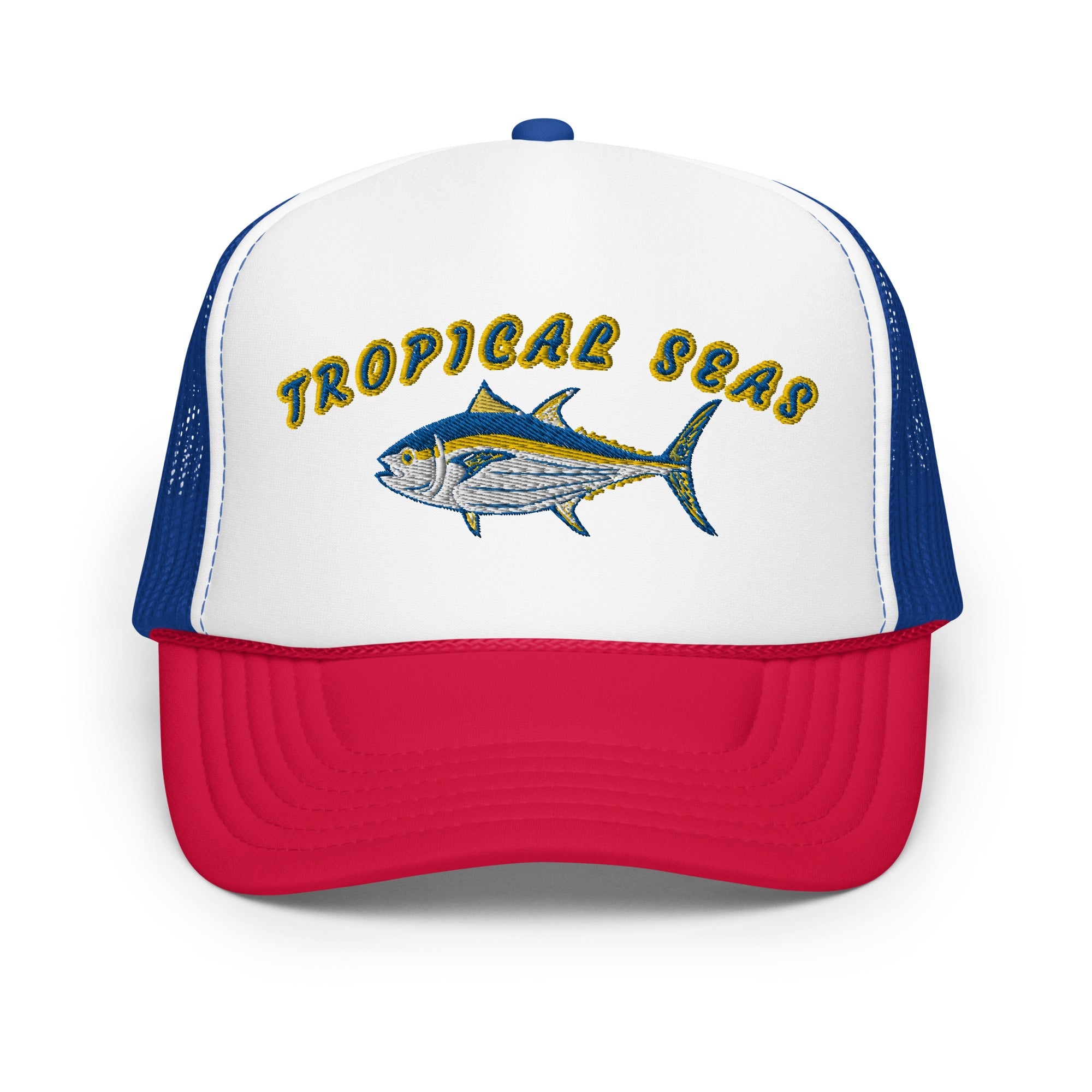 Trendy Tropical Seas Tuna foam trucker hat featuring a white front, blue mesh back, and red brim with embroidered fish design.