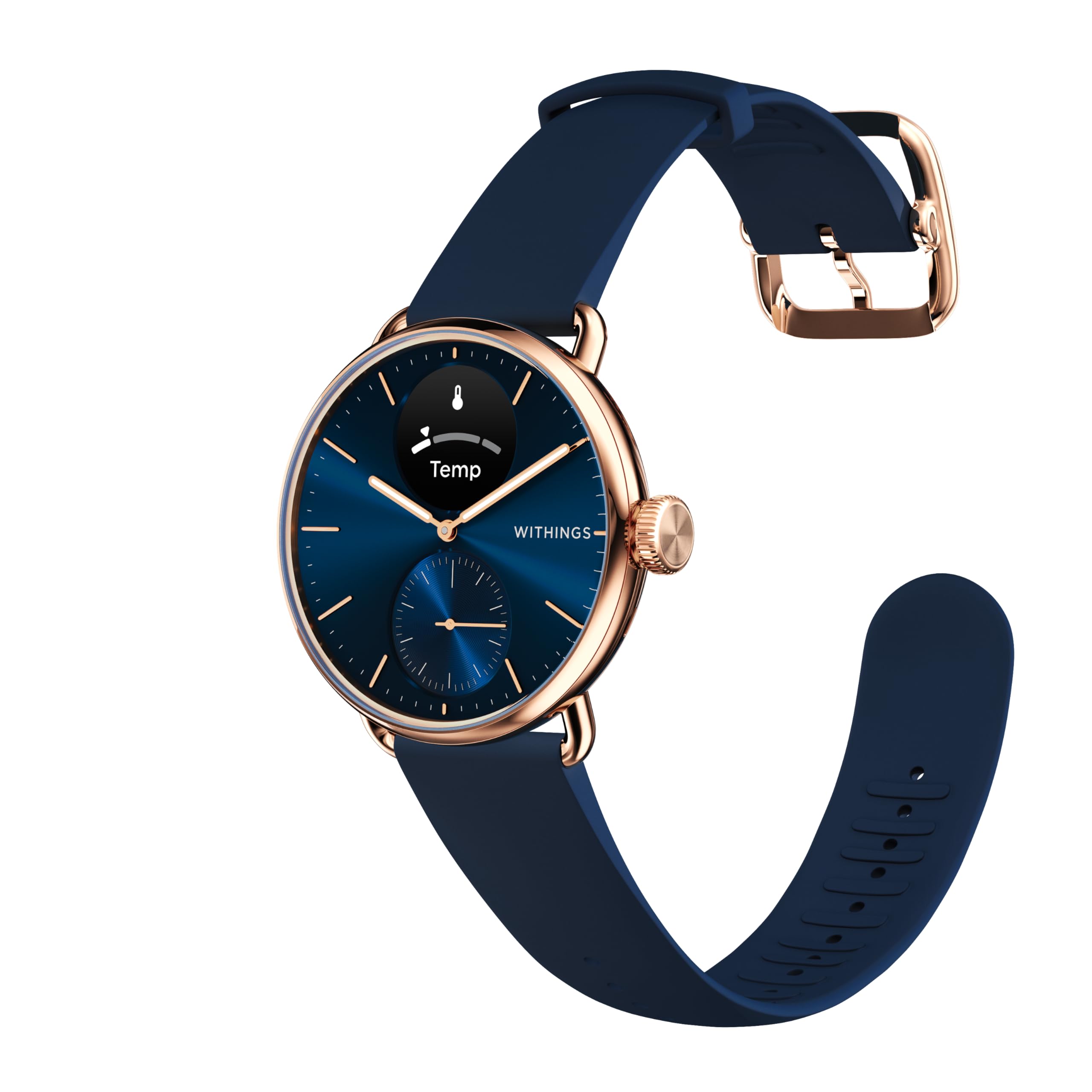 Withings ScanWatch 2 featuring a rose gold case and a deep blue silicone strap, displaying temperature and time.