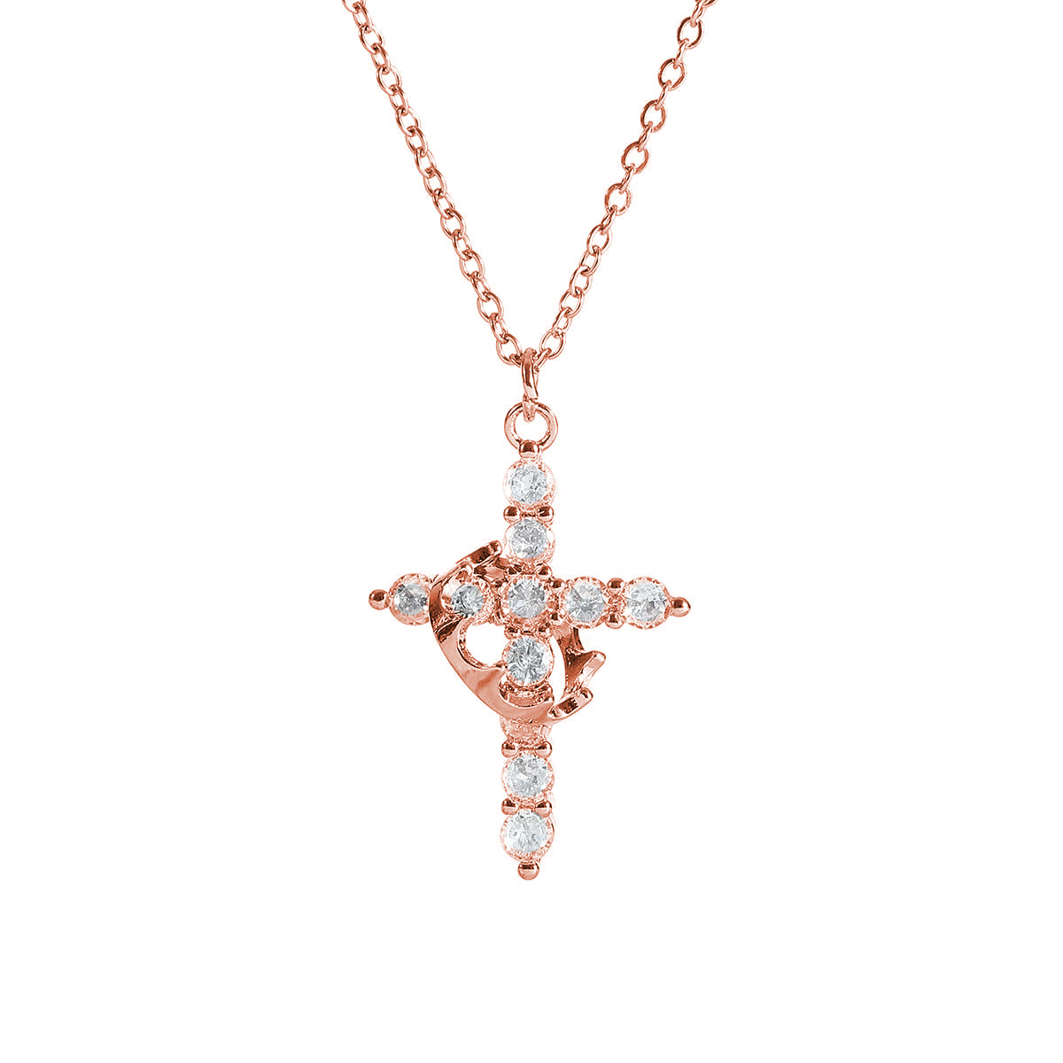 Delicate rose gold Y-shaped necklace featuring a crown and cross pendant with sparkling stones. Elegant and lightweight design.