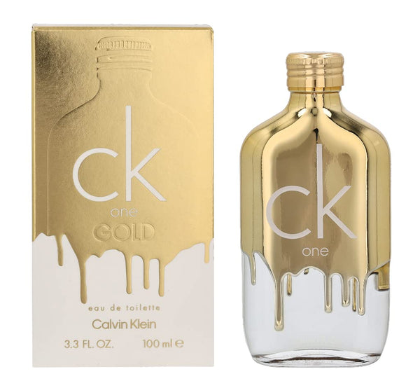 Unisex fragrance bottle with a gold and clear design, featuring the text "ck one GOLD" and a gold cap.
