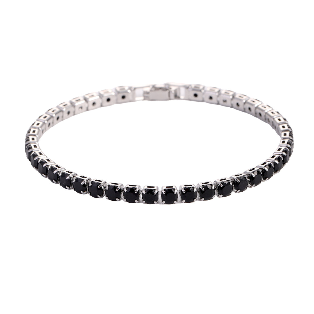 Black zircon tennis bracelet set with a silver-tone band, showcasing a row of sparkling black stones.